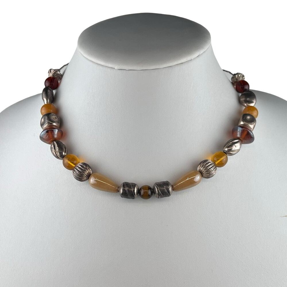 Glass & Gemstone Beaded Sterling Silver Necklace 16.5" Fall Colors